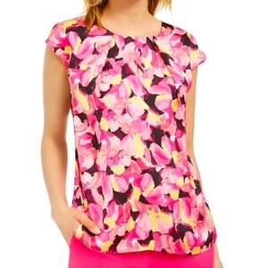 NWT Kasper Women's Pleated Keyhole Woven Floral Cap Sleeve Top Pink Size 2X